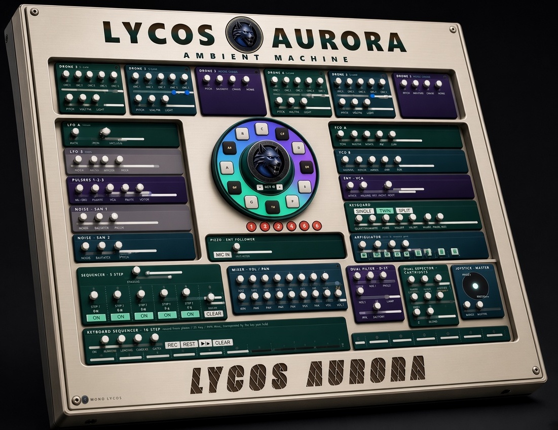 Lycos Aurora Ambient Machine — full dense control panel with drones, LFOs, VCOs, mixer, sequencer and joystick