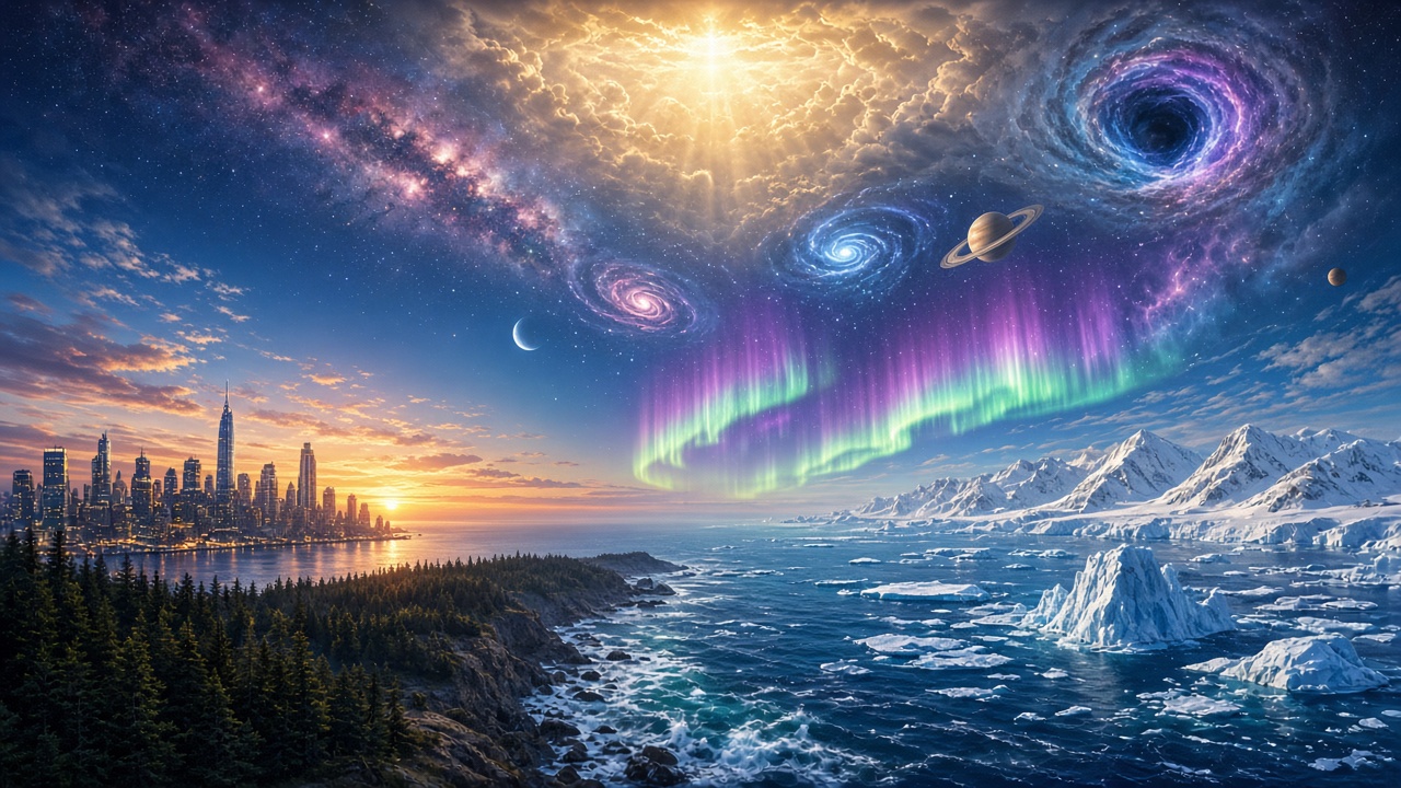 The Aurora Wrap: city to forest to ocean and Antarctica, sky rising to space and heaven under the northern lights